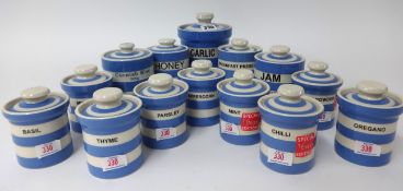 T.G.Green Cornishware, a collection including 4.5 inch Garlic jar without lid, 3.5 inch Cornish Blue
