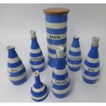 T.G.Green Cornishware, a collection including 12 inch Pasta jar with wooden lid, three sauce bottles