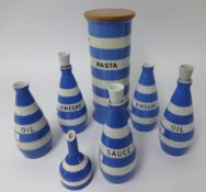 T.G.Green Cornishware, a collection including 12 inch Pasta jar with wooden lid, three sauce bottles
