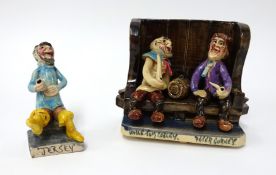 Will Young pottery Widecombe Devon, 'Uncle Tom Cobley and Peter Gurney' on a bench and also a figure