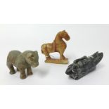 Three antique carvings including Chinese jade animal and two horse carvings, the tallest 8cm (3).