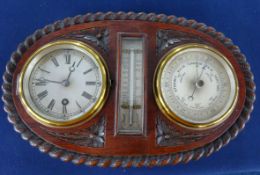 A mahogany cased combination clock, barometer and thermometer set.