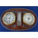 A mahogany cased combination clock, barometer and thermometer set.