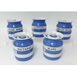 T.G.Green Cornishware, a collection including five 5.5 inch jars Lentils, Beans, Haricot Beans,