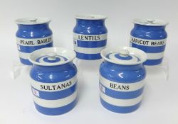 T.G.Green Cornishware, a collection including five 5.5 inch jars Lentils, Beans, Haricot Beans,