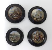 Four 19th century Prat ware pot lids including The Farriers signed Wouvermann, Picnic by Ladies