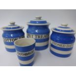 T.G.Green Cornishware, a collection including 6 inch Pet Treats jar, two jars Stoned Dates and