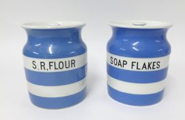 T.G.Green Cornishware, two 7 inch jars, S.R.Flour and Soap Flakes.
