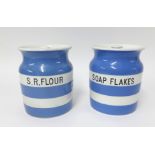 T.G.Green Cornishware, two 7 inch jars, S.R.Flour and Soap Flakes.