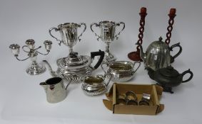 Collection of various silver plated wares and pair of open wood barley twist candle sticks.