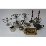 Collection of various silver plated wares and pair of open wood barley twist candle sticks.