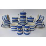 T.G.Green Cornishware, a collection including six cups, five saucers, 4.5 inch milk jug, 7 inch