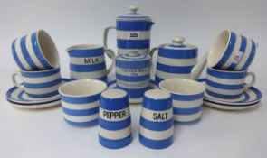 T.G.Green Cornishware, a collection including six cups, five saucers, 4.5 inch milk jug, 7 inch