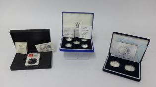 Royal Mint, three sets comprising Royal Mint five coin silver Piedfort one pound set, 2015 silver