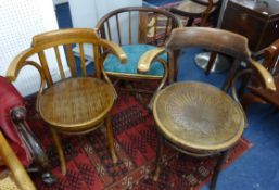 A white over painted elbow chair, a pair bentwood elbow chairs and another elbow chair.