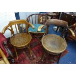 A white over painted elbow chair, a pair bentwood elbow chairs and another elbow chair.