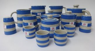 T.G.Green Cornishware, a collection including 4.5 inch teapot, 5 inch jug, 4.25 inch jug, 3.5 inch