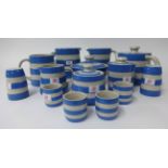 T.G.Green Cornishware, a collection including 4.5 inch teapot, 5 inch jug, 4.25 inch jug, 3.5 inch