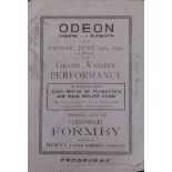 A theatre programme George Formby in Plymouth, signed by Beryl and George Formby 1941 at the Odeon