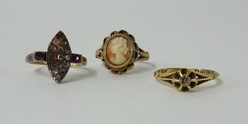 An antique diamond and ruby ring, 18ct single stone ring and a cameo and gold ring (3)