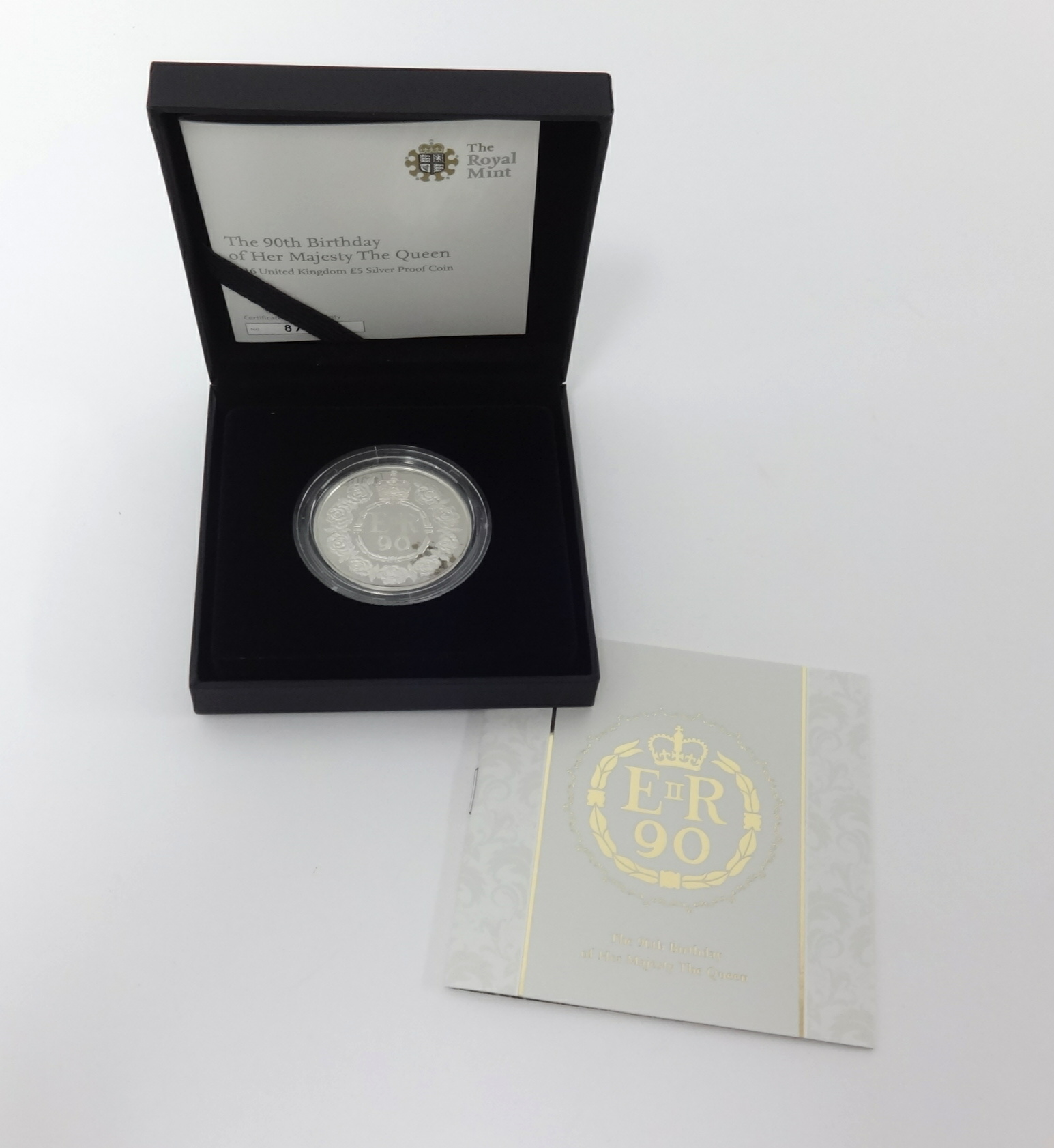 Royal Mint, 90th birthday The Queen 2016 five pound silver proof coin, boxed with certificate.