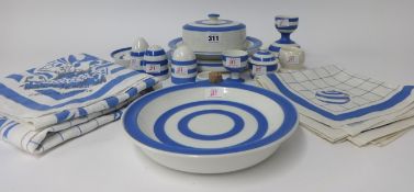 T.G.Green Cornishware, a collection including assorted tableware and linen, four napkins, 4ft square