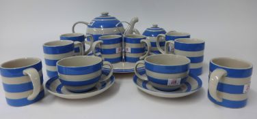 T.G.Green Cornishware, a collection including 5.5 inch round tea pot, two teacups and saucers, 3.5