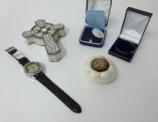 A collection of items including modern wristwatch, mop Bethlehem brooch, boxed, small silver