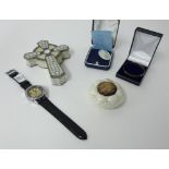 A collection of items including modern wristwatch, mop Bethlehem brooch, boxed, small silver