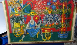 A Robert Debieve (French 1926 - 1994) printed tapestry 'Le Botaniste' with wood scroll ends,