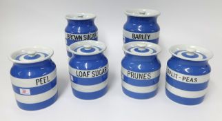 T.G.Green Cornishware, a collection including a 6 inch Barley jar and five 5.5 inch Split Peas,