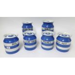 T.G.Green Cornishware, a collection including a 6 inch Barley jar and five 5.5 inch Split Peas,