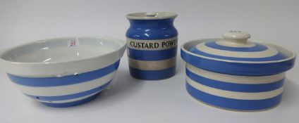 T.G.Green Cornishware, a collection including 5 inch Custard Powder jar, 8 inch colander (with