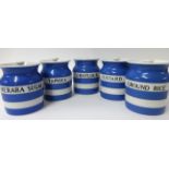 T.G.Green Cornishware, five 5.5 jars Tapioca, Cornflour, Custard, Demerara Sugar and Ground Rice (