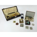 Various items of costume jewellery, some coins, wristwatches etc. earrings, brooches, 9ct