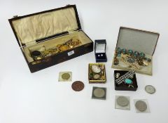 Various items of costume jewellery, some coins, wristwatches etc. earrings, brooches, 9ct