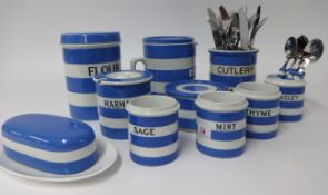 T.G.Green Cornishware, a collection including 7.75 inch Flour jar, 4 inch Marmalade jar, four 3.5