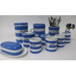 T.G.Green Cornishware, a collection including 7.75 inch Flour jar, 4 inch Marmalade jar, four 3.5