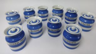 T.G.Green Cornishware, a collection including ten 5 inch jars Currants, Almonds, Cocoa, Cherries,