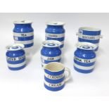 T.G.Green Cornishware, a collection including 5 inch Biscuits barrel (missing lid, handle and