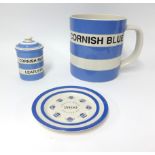 T.G.Green Cornishware, a collection including a large 10 inch giant mug Cornish Blue, 5 inch Cornish
