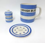 T.G.Green Cornishware, a collection including a large 10 inch giant mug Cornish Blue, 5 inch Cornish