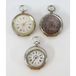 Silver fob watch with enamel and gilt dial marked 935 together with two other silver antique fob