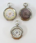 Silver fob watch with enamel and gilt dial marked 935 together with two other silver antique fob