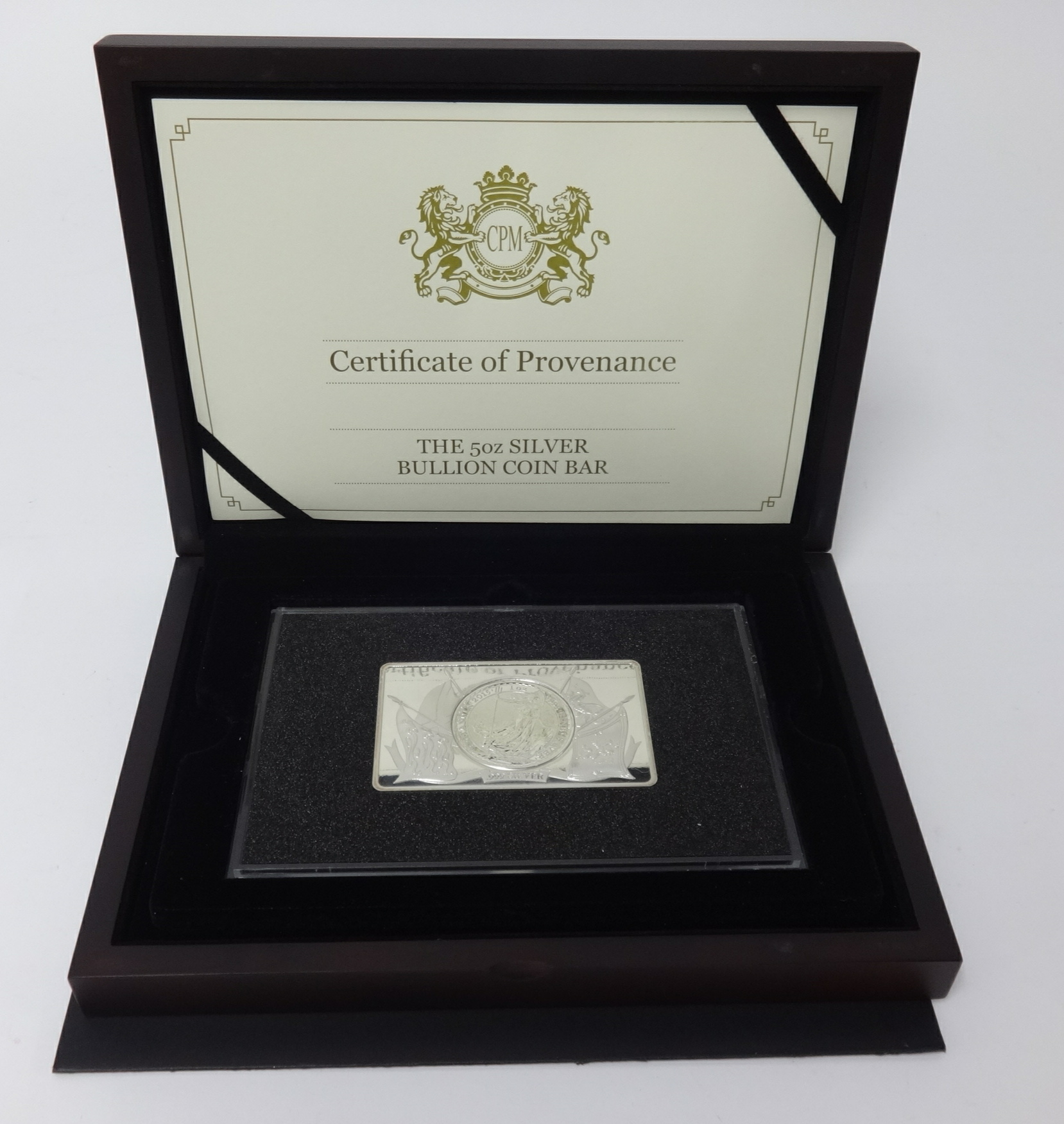 Royal Mint, CPM the five ounce silver bullion coin bar, cased.