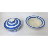 T.G.Green Cornishware, 11 inch diameter lidded casserole dish (two chips to rim and one to handle)