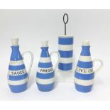T.G.Green Cornishware, three sauce bottles with handles and stoppers 7 inch, Vinegar, Olive and