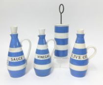 T.G.Green Cornishware, three sauce bottles with handles and stoppers 7 inch, Vinegar, Olive and