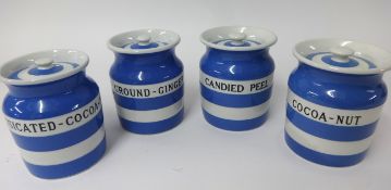 T.G.Green Cornishware, a collection including four 5.5 jars Cocoa-Nut, Ground-Ginger, Desiccated