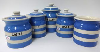 T.G.Green Cornishware, a collection including 6 inch Biscuits jar, three 5 inch Tea, Coffee and